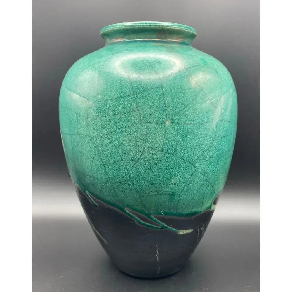 John Melkonian California Raku Studio Pottery Vase Turquoise and Black Crackle,